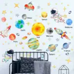 Panneau mural illustrant le système solaire avec des astronautes, planètes et étoiles.