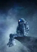 Astronaute assis sur une roche dans l'espace étoilé.