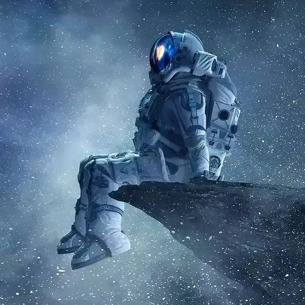 Astronaute assis sur une roche dans l'espace étoilé.