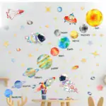 Illustration éducative du système solaire avec planètes, astronautes, fusée et étoiles pour apprendre en s'amusant.