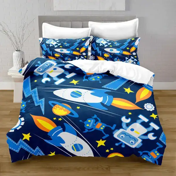 Vêtement de lit avec motif spatial pour enfants, comprenant une couette et des taies d'oreiller à thème astronautes, planètes et étoiles, parfait pour une chambre d'enfant.