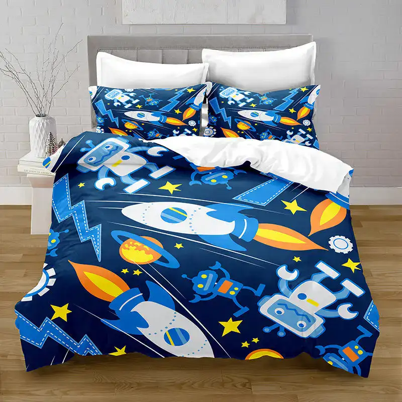 Vêtement de lit avec motif spatial pour enfants, comprenant une couette et des taies d'oreiller à thème astronautes, planètes et étoiles, parfait pour une chambre d'enfant.