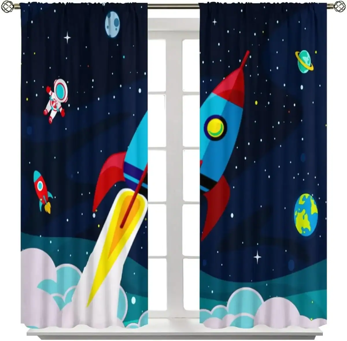 Rideaux à thème spatial avec fusée, planètes et étoiles.