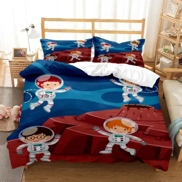 Tapisserie de lit avec motifs d'astronautes pour enfants, idéale pour chambre d'enfant ou décoration thématique spatiale.