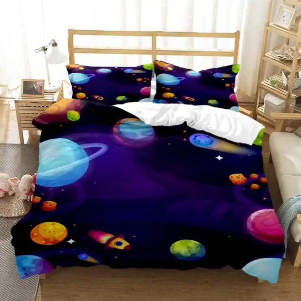 Vêtement de lit avec motif spatial, planètes, étoiles et fusées pour chambre d'enfant ou adolescent. Parfait pour les amateurs d'astronomie et de science, apportant une touche ludique et éducative à l.