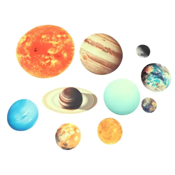 Planètes du système solaire, illustration artistique représentant le Soleil, Jupiter, Saturne, Mars, la Terre, Uranus, Neptune, et d'autres corps célestes.
