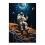 Explorateur en combinaison spatiale assis sur une surface lunaire, tenant une bouteille, avec un ciel étoilé, la lune et des planètes en arrière-plan.