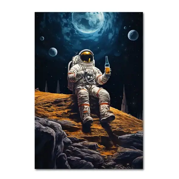 Explorateur en combinaison spatiale assis sur une surface lunaire, tenant une bouteille, avec un ciel étoilé, la lune et des planètes en arrière-plan.