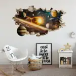 Décoration murale 3D représentant un cosmos avec planètes et étoiles, idéale pour une décoration originale et scientifique dans une chambre ou un salon.