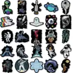 Panneaux décoratifs et stickers sur le thème de l'espace, comprenant des astronautes, des planètes, des vaisseaux et des extraterrestres, parfaits pour la décoration scientifique et ludique.