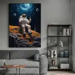 Astronaute en combinaison spatiale assis sur une surface rocheuse, tenant une bouteille, avec une vue de la lune et des planètes en arrière-plan, dans un style artistique.