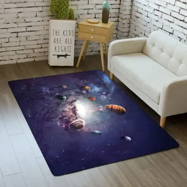 Tapis de sol avec motif de galaxie et planètes pour chambre d'enfant.