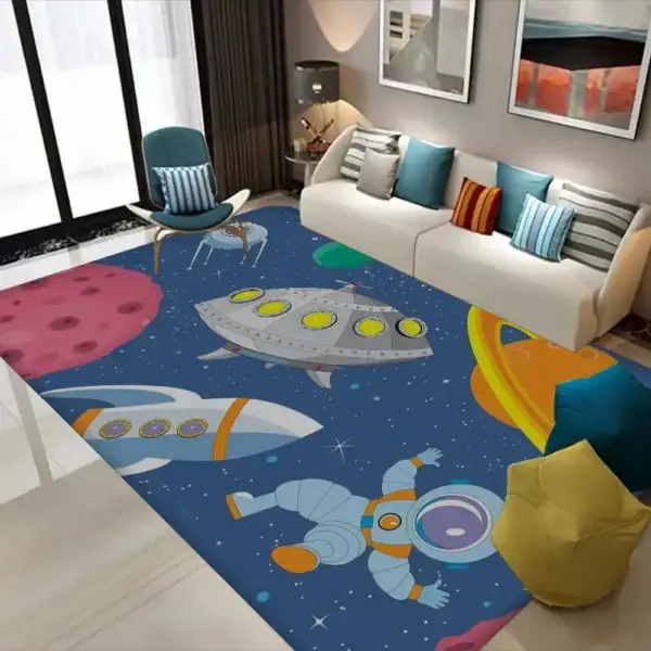 Tapis de sol avec motif spatial, fusées et astronautes pour décoration ludique et éducative.