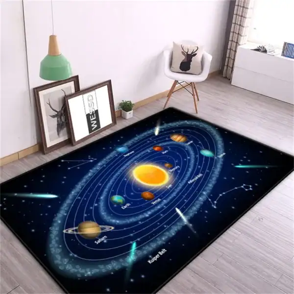 Tapis de sol représentant le système solaire avec les planètes, le Soleil et les orbites, idéal pour la décoration éducative ou ludique dans une chambre ou une salle de classe.