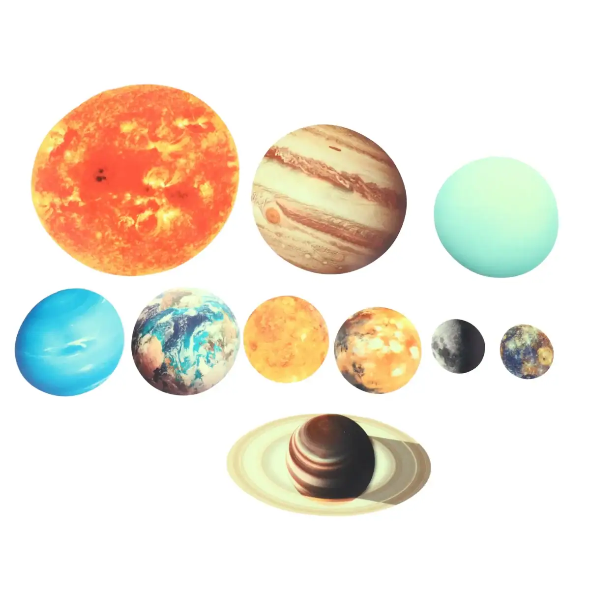 Illustration des principales planètes du système solaire, incluant le Soleil, Jupiter, Saturne, Mars, et d'autres corps célestes, pour une décoration scientifique éducative.