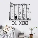 Illustration de tubes à essai avec bulles et étoiles, représentant la science, avec le texte "Cool Science" en dessous, décoration murale pour un espace scientifique ou éducatif.