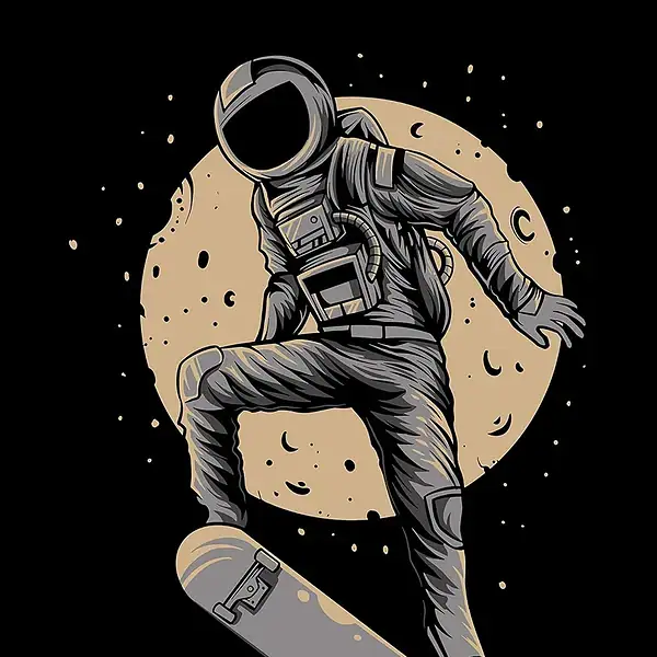 Illustration d'un astronaute en combinaison spatiale effectuant une figure sur un skateboard devant la lune, style graphique moderne et dynamique.