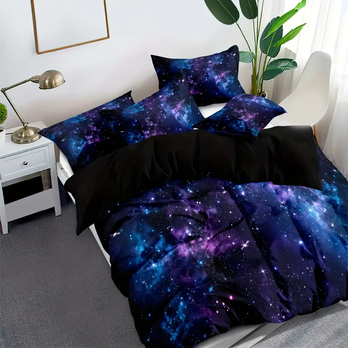 Housse de couette et taies d'oreiller à motif galaxie, décor cosmique pour chambre moderne.