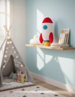 Vaisseau spatial en peluche rouge, blanc et bleu, décoratif pour chambre d'enfant, idéal pour la décoration ou le jeu.