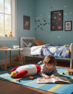 Enfant jouant avec un livre dans une chambre à thème spatial, décorée avec des posters de planètes et étoiles, et un mobile suspendu représentant le système solaire.