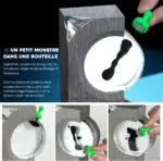 Mini monstre magnétique dans une bouteille, manipulé avec un petit outil vert, pour une expérience scientifique ludique et fascinante.