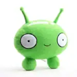 Peluche en forme de créature scientifique verte avec de grands yeux et deux antennes, idéale pour la décoration ou comme jouet éducatif.