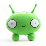 Peluche en forme d'extraterrestre vert avec grands yeux et antennes, idéale pour la décoration ou comme jouet scientifique.