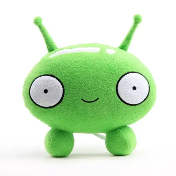 Peluche en forme d'extraterrestre vert avec grands yeux et antennes, idéale pour la décoration ou comme jouet scientifique.