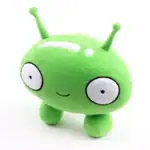 Peluche en forme de personnage scientifique vert avec deux antennes, yeux grands et souriant, idéale pour la décoration ou comme jouet éducatif.