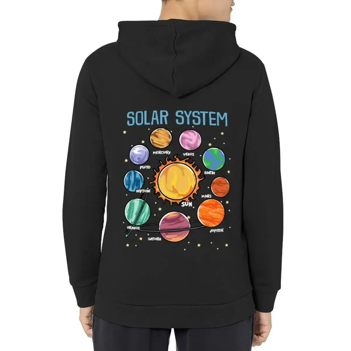 Sweat à capuche noir avec illustration du système solaire, incluant le Soleil et les planètes comme Mercure, Vénus, Terre, Mars, Jupiter, Saturne, Uranus et Neptune, idéal pour les enfants passionnés.
