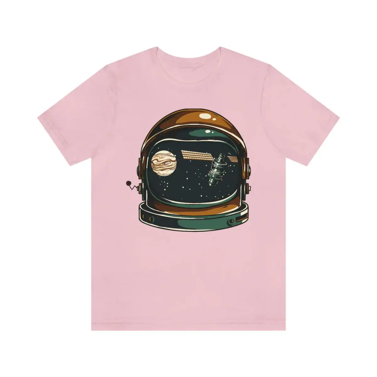 L'ALT décrit un casque d'astronaute illustré avec un fond d'espace, comprenant des planètes et des étoiles, parfait pour une décoration scientifique originale.
