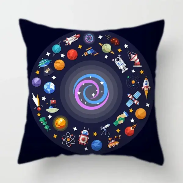 Coussin décoratif avec motif d'espace, planètes, fusées, astronautes et éléments cosmiques pour une décoration scientifique et ludique.