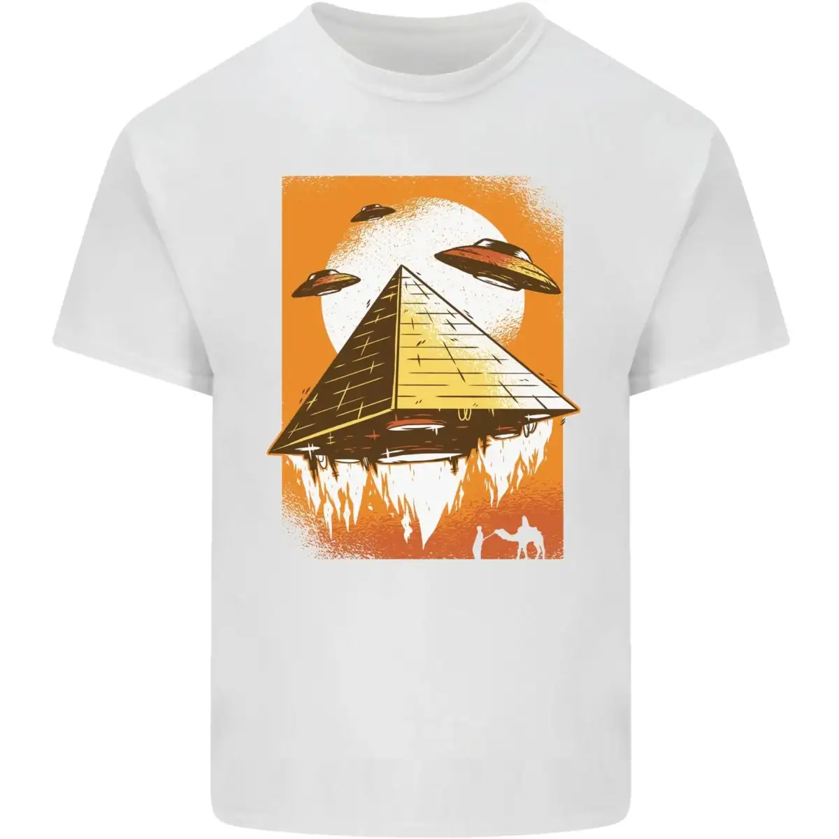 Illustration d'une pyramide futuriste flottante entourée d'OVNIs dans un ciel orange avec feu en dessous, style science-fiction.