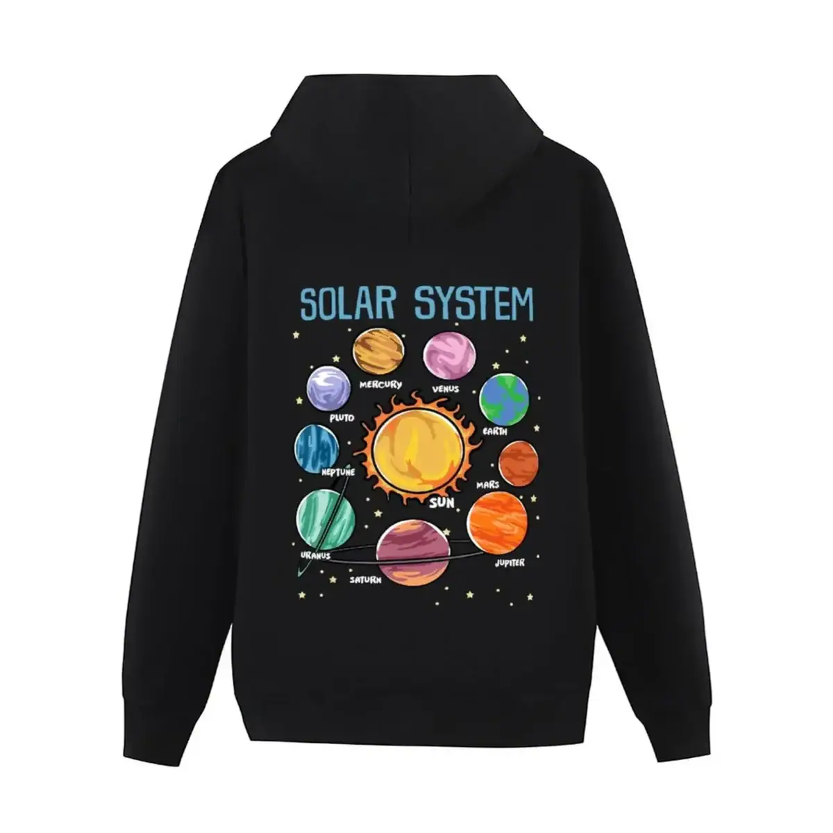 Sweat à capuche noir pour enfants avec illustration colorée du système solaire, comprenant les planètes et le soleil, idéal pour les amateurs d'astronomie.