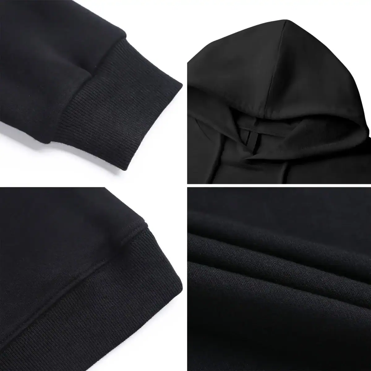 Vêtements en tissu noir, comprenant un sweat à capuche, un hoodie et un tissu en coton, parfaits pour un style décontracté et confortable.