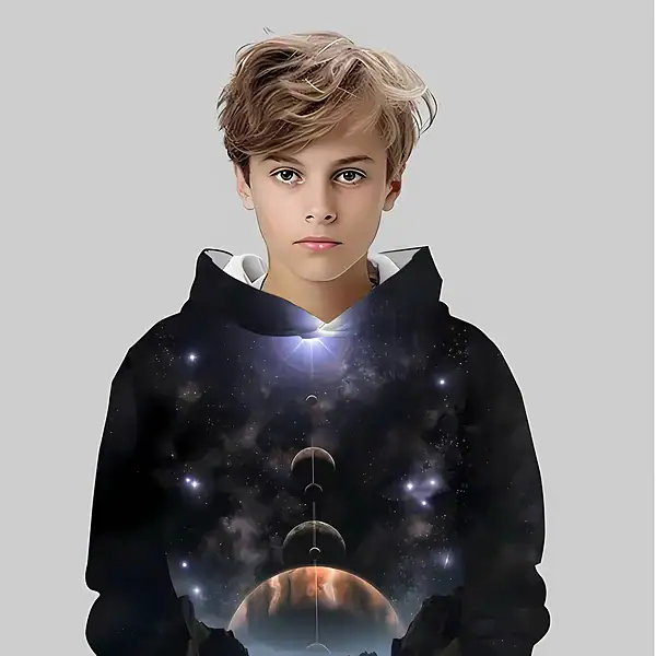 Hoodie avec motif cosmique et planètes.
