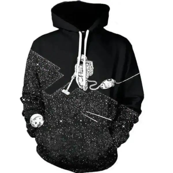 Veste à capuche noire avec motif d'espace, étoiles et planètes blanches, inspirée de l'univers, idéale pour les amateurs de science et d'astronomie.