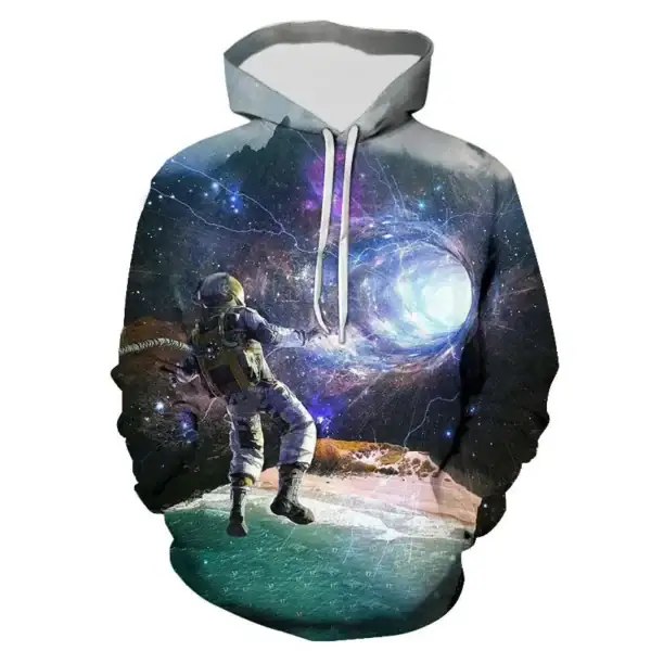 Vêtement à capuche avec motif d'espace et astronaute, design cosmique et futuriste, parfait pour les amateurs de science et d'astronomie.
