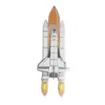 Vaisseau spatial miniature avec boosters en feu, idéal pour décoration scientifique ou collection.