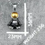 Pendentif astronaute en métal avec capsule de verre dorée, mesurant 23 mm de haut et 16 mm de large, suspendu à une chaîne. Idéal pour les amateurs de science et d'astronomie.