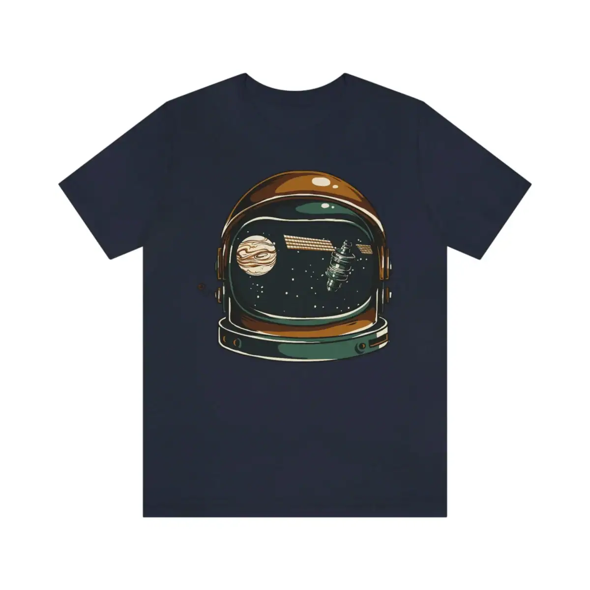 T-shirt noir avec illustration d'un casque d'astronaute contenant un espace avec planètes et étoiles, design original pour passionnés d'astronomie et de science.