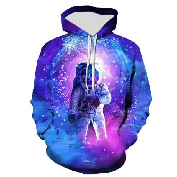 Vêtement à capuche avec design d'astronaute dans un univers spatial coloré, mélangeant violet, bleu et rose, parfait pour les amateurs de science et d'astronomie.