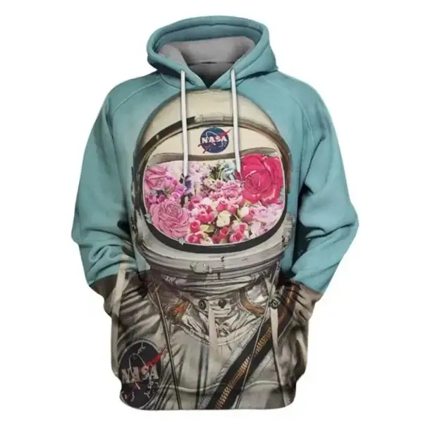 Sweat à capuche NASA avec design floral, mélangeant l'univers spatial et la nature, idéal pour les amateurs de science et de décoration originale.