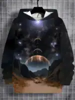 Vêtement avec motif d'espace, planètes et étoiles, parfait pour les amateurs d'astronomie et de décoration scientifique. Confortable et stylé, idéal pour afficher votre passion pour l'univers.