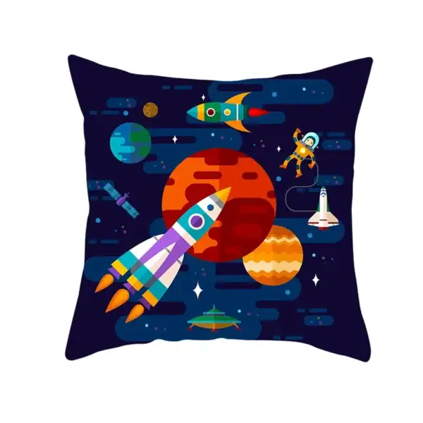 Panneau décoratif avec motif spatial, fusée, astronautes et planètes.