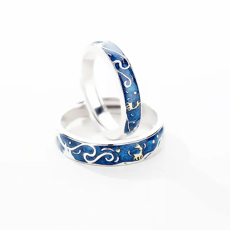 Anneaux en acier avec motif océanique bleu et or, parfaits pour les amateurs de science et de décoration inspirée de la mer.