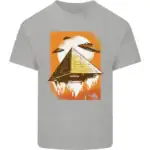 Pyramide futuriste flottante entourée d'OVNIs dans un ciel orange vif, illustrant un thème de science-fiction et d'exploration extraterrestre.