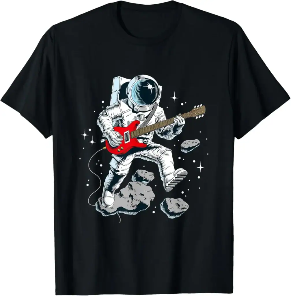 Astronaute jouant de la guitare électrique dans l'espace, flottant parmi les astéroïdes et étoiles, illustrant la fusion de la science et de la musique.