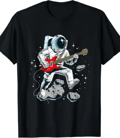 Astronaute jouant de la guitare électrique dans l'espace, flottant parmi les astéroïdes et étoiles, illustrant la fusion de la science et de la musique.