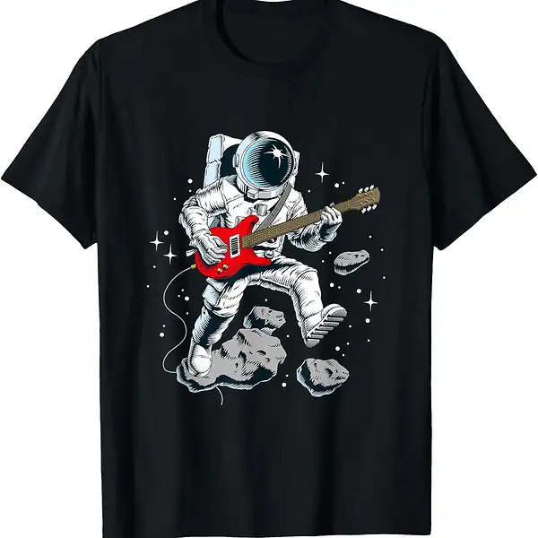 Astronaute jouant de la guitare électrique dans l'espace, flottant parmi les astéroïdes et étoiles, illustrant la fusion de la science et de la musique.